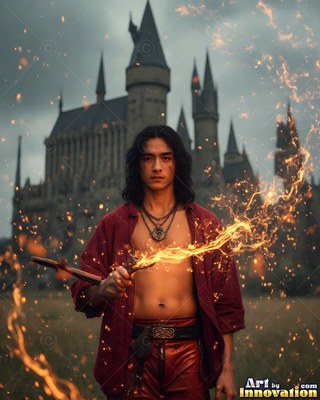 A shirtless man in a red robe casts fire before a dark castle