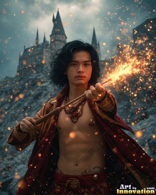 In an open bright red robe outside a dark stone castle, a young man points a sparking wand