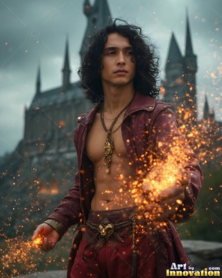A young man casts bright orange sparks from his hands before a gray castle