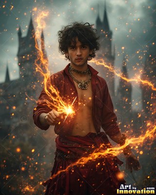 Facing front outside a dark castle, a man holds streaks of orange fire