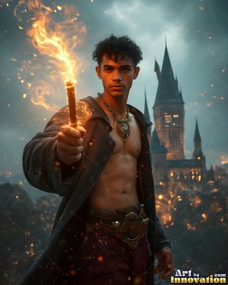 A shirtless young man clutches up a burning wand outside a dark castle