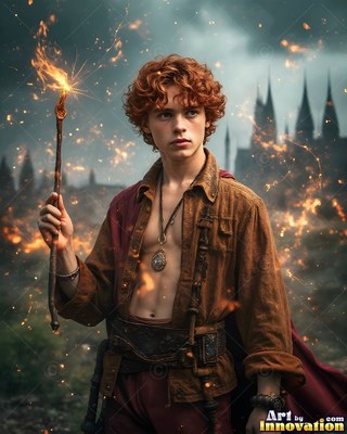 Out in front of a castle, a red-haired young man holds up a burning wooden wand