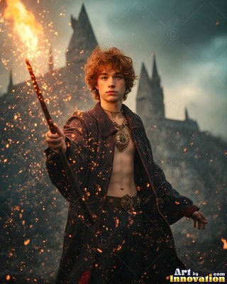 Holding a burning staff, a red-haired young man in an unzipped coat stands before a castle