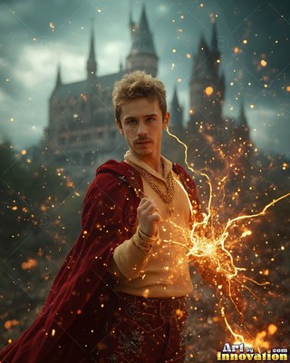 Young man in a red cloak casting bright yellow sparks by a castle
