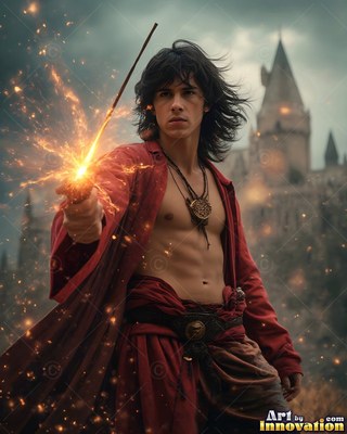 Wearing an unbuttoned red cloak, a young man raises a sparkling wand before a castle