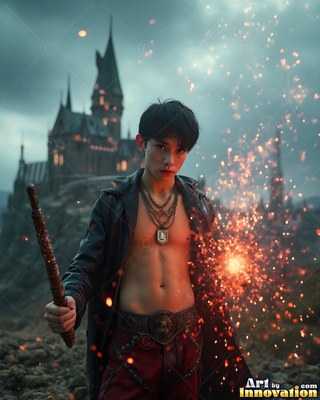 A shirtless young man carries a wand before a castle, surrounded by bright orange sparks