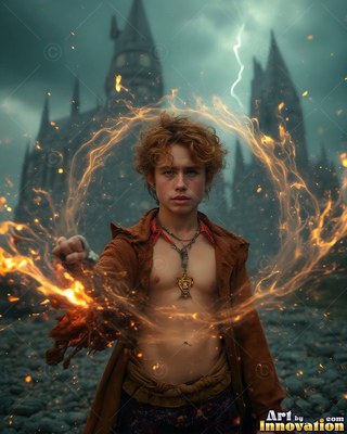 Facing forward before a castle, an open-coated man summons a loop of fire