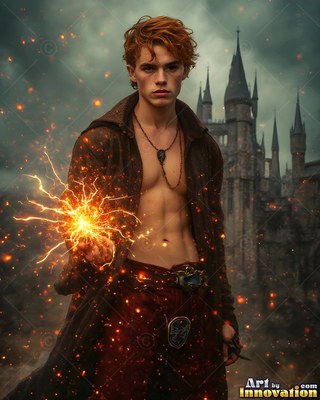 A red-haired man in an unzipped coat holds yellow sparks outside a stone castle