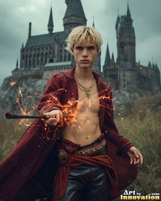 Out in front of a castle, a blond man in an open deep red robe aims a wand casting bright sparks