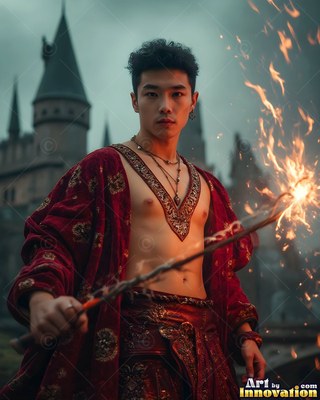 Holding a sparking wand, a young man wears a parted red robe before a castle