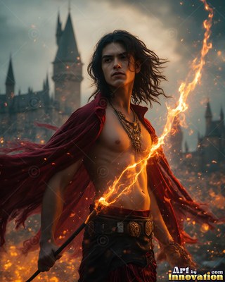 A shirtless man in a red cape holds a fiery staff near a castle
