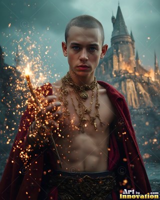 Gold necklaces rest on the bare chest of a young man holding a sparking wand before a castle