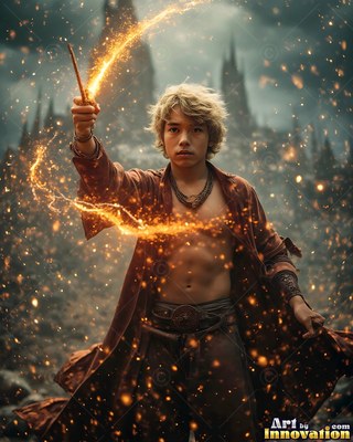 A young man casts a spell with a wand that trails bright yellow sparks