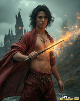 Standing before a dark castle, a shirtless man points a fiery wand
