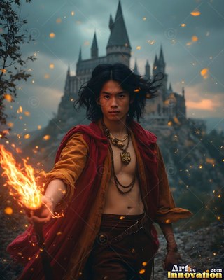 A young man in red robes holds a blazing torch before a castle