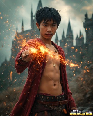 Before a distant castle, a shirtless young man in a deep red robe casts orange sparks from his wand