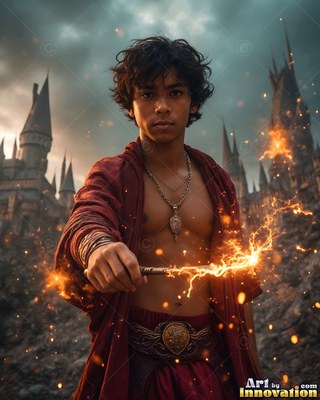 Holding a spark-lit wand forward, a young man stands in an unfastened bright red robe before a castle