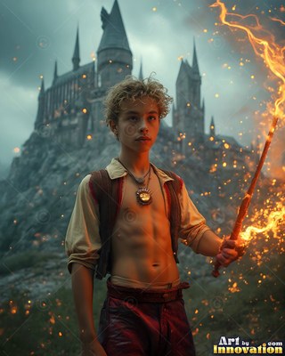 Young man holding a flaming wand before a stone castle