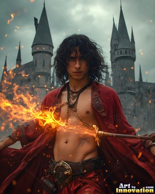 Wearing an unbuttoned scarlet robe, a dark-haired young man grips a fiery wand before a castle
