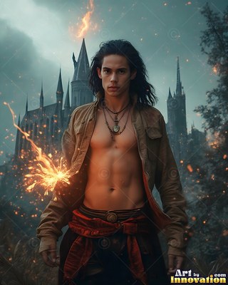 A young man stands out in front of a castle as bright sparks burst near his open shirt