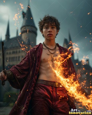 Facing forward at a stone castle, a young man holds up a fiery wand in red robes