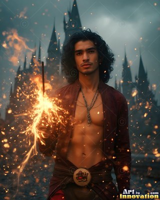 A young man with an open coat holds a sparkling wand before a dark castle