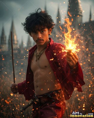By the walls of a castle, an open-shirted young man grips a flame in his hand and a wand