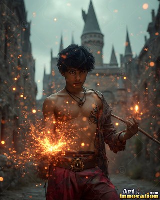 Casting bright orange sparks from his hand, a shirtless young man holds a staff outside a castle