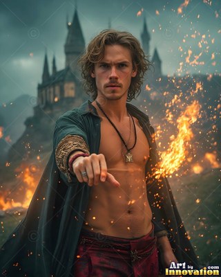 Shirtless man cast spells with fire before a castle