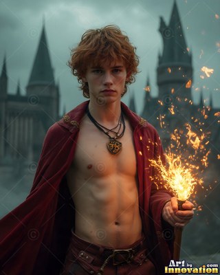 A red-haired, shirtless young man holds a flaming torch outside a dark castle spired in mist