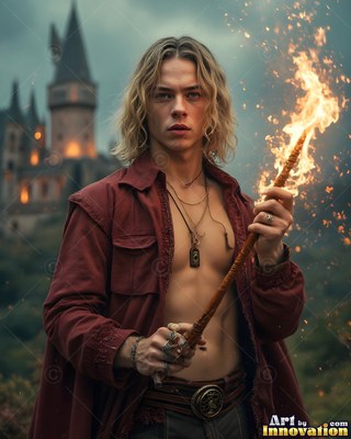 A blond man holds a burning wooden wand that sparks with bright orange fire