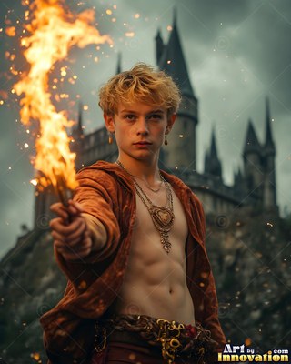 Facing forward by the walls of a castle, a young man holds up a fiery wand