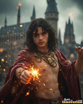 A shirtless young man in a red cloak casts bright sparks outside a stone castle