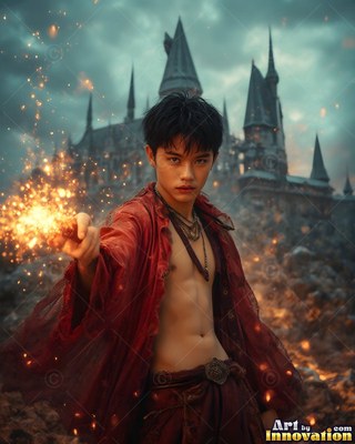 Before a castle, a young man in an unzipped red robe holds out a sparking wand