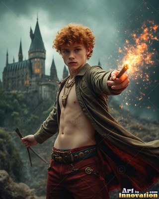 Holding a sparking wand, a red-haired young man in an open coat stands before a castle
