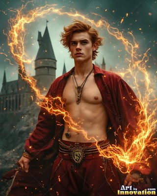 A young man wearing an unfastened red shirt stands in a ring of fire by a castle