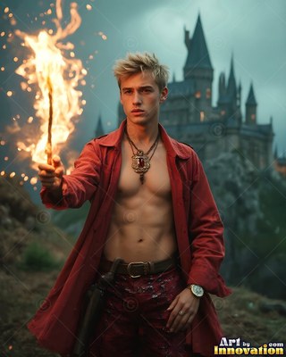 In an unfastened red coat, a shirtless blond man holds a burning wand before a castle