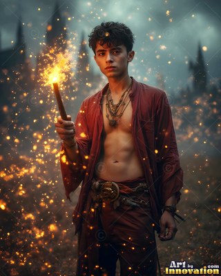 A young man holds up a lit torch while yellow sparks drift in the dark night air