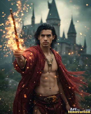 Facing forward outside a castle, a shirtless man points a wand sparking yellow light