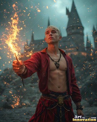 A blond man wearing an unbuttoned red jacket holds up a fiery wand out in front of a castle
