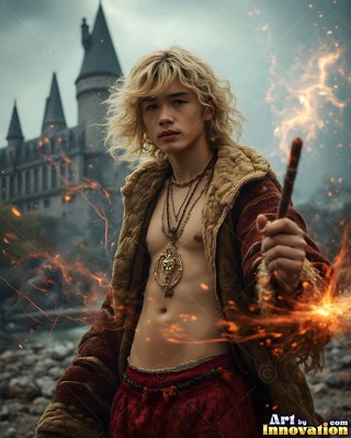 Outside a stone castle, a blond man wearing an unfastened coat points a sparking wand