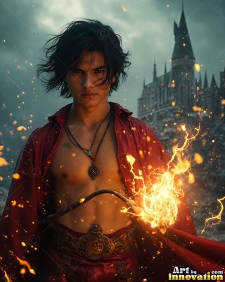 Casting fire from his wand, a young man in an unzipped bright red robe stands before a castle