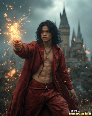 A man wearing an unbuttoned scarlet robe casts yellow sparks by a castle