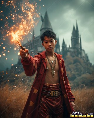 Wearing an unfastened scarlet robe, a young man points a sparking wand in a field before a castle