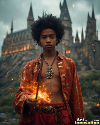 A young man holds up a wand before a stone castle, lit by bright orange sparks