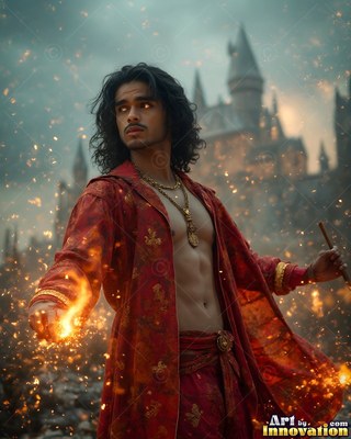 Standing out in front of a castle, an open-robed man holds fire in his bare hand