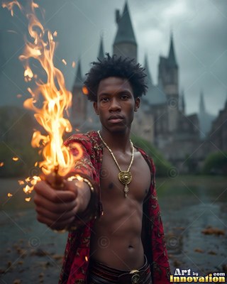 A shirtless man in a bright red robe holds out a fiery wand before a stone castle