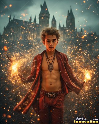 Outside a dark castle, a young man holds sparks in his hands wearing a loose red coat
