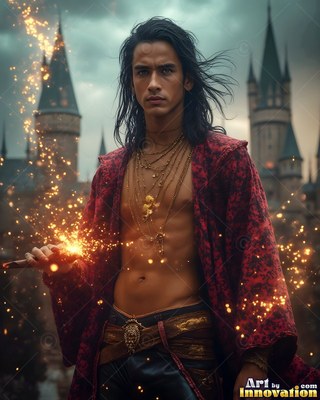 Holding a wand of sparks, a bare-chested man in a scarlet robe stands near castle towers