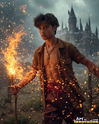 A young man clutches a flaming staff by the walls of a castle